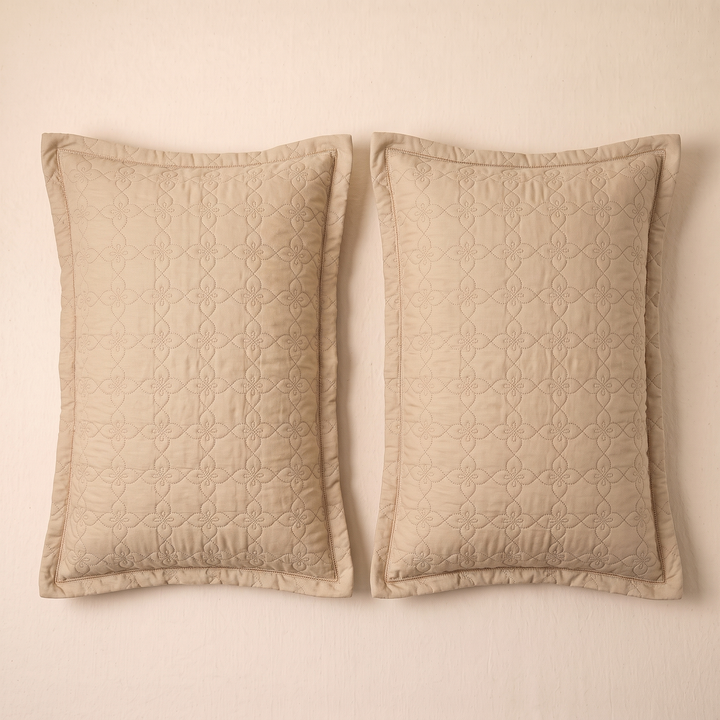 Quilted Cotton Pillow Shams – Set of 2 in Sand – two shams side by side, front view against a plain wall
