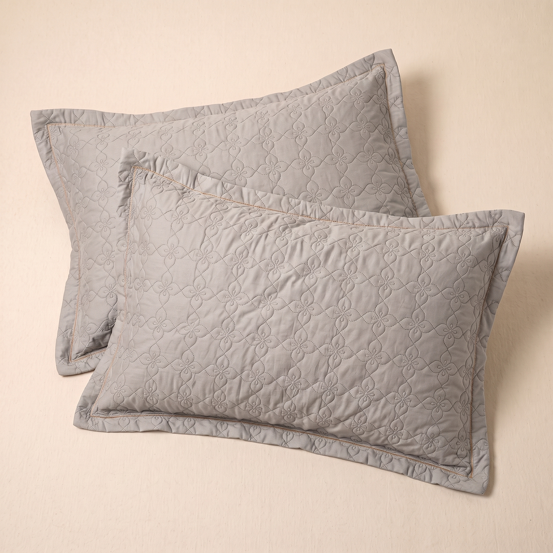 Quilted Cotton Pillow Shams – Set of 2 in Gray – two stacked flanged shams with floral quilting on a cream surface
