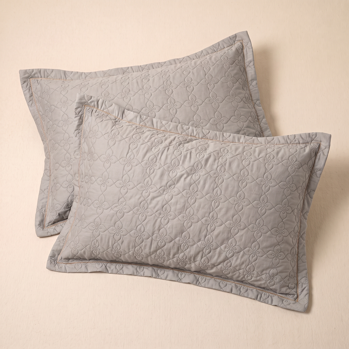 Quilted Cotton Pillow Shams – Set of 2 in Gray – two stacked flanged shams with floral quilting on a cream surface