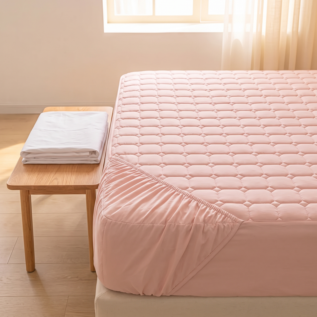 Quilted Mattress Protector – Cotton Top, Fitted in Light Pink – fitted on a mattress beside a wooden bench with folded white sheets