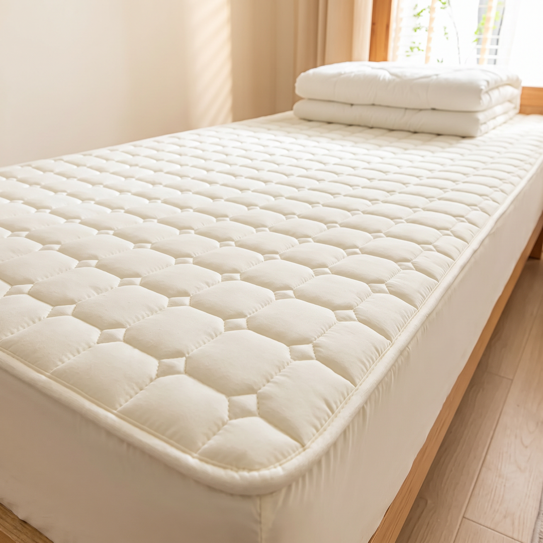 Quilted Mattress Protector – Cotton Top, Fitted in Cream – low angle across the quilted surface with folded comforter