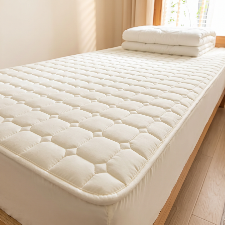 Quilted Mattress Protector – Cotton Top, Fitted in Cream – low angle across the quilted surface with folded comforter