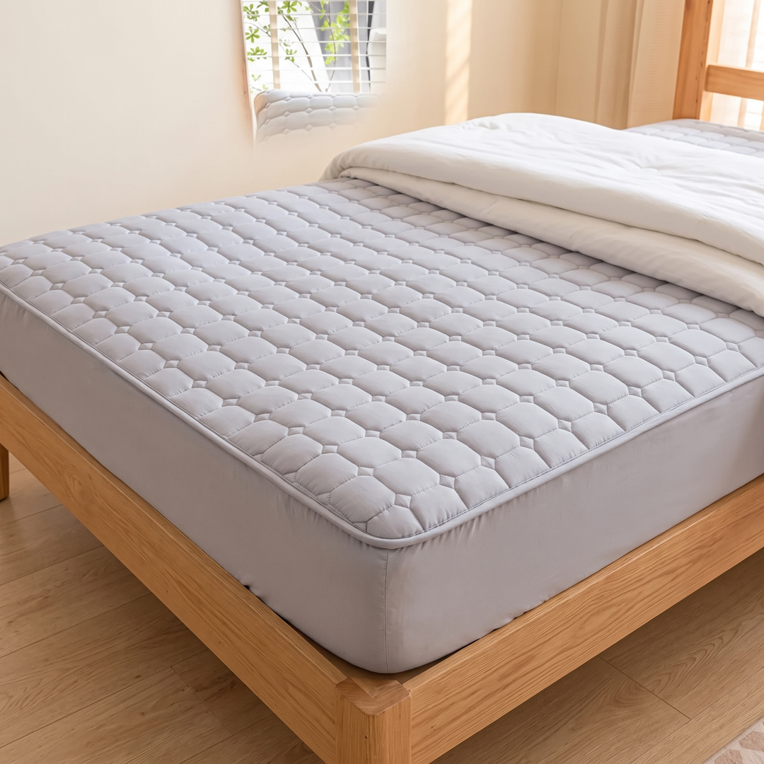 Quilted Mattress Protector – Cotton Top, Fitted in Gray – fitted on a wooden bed frame with white duvet folded back