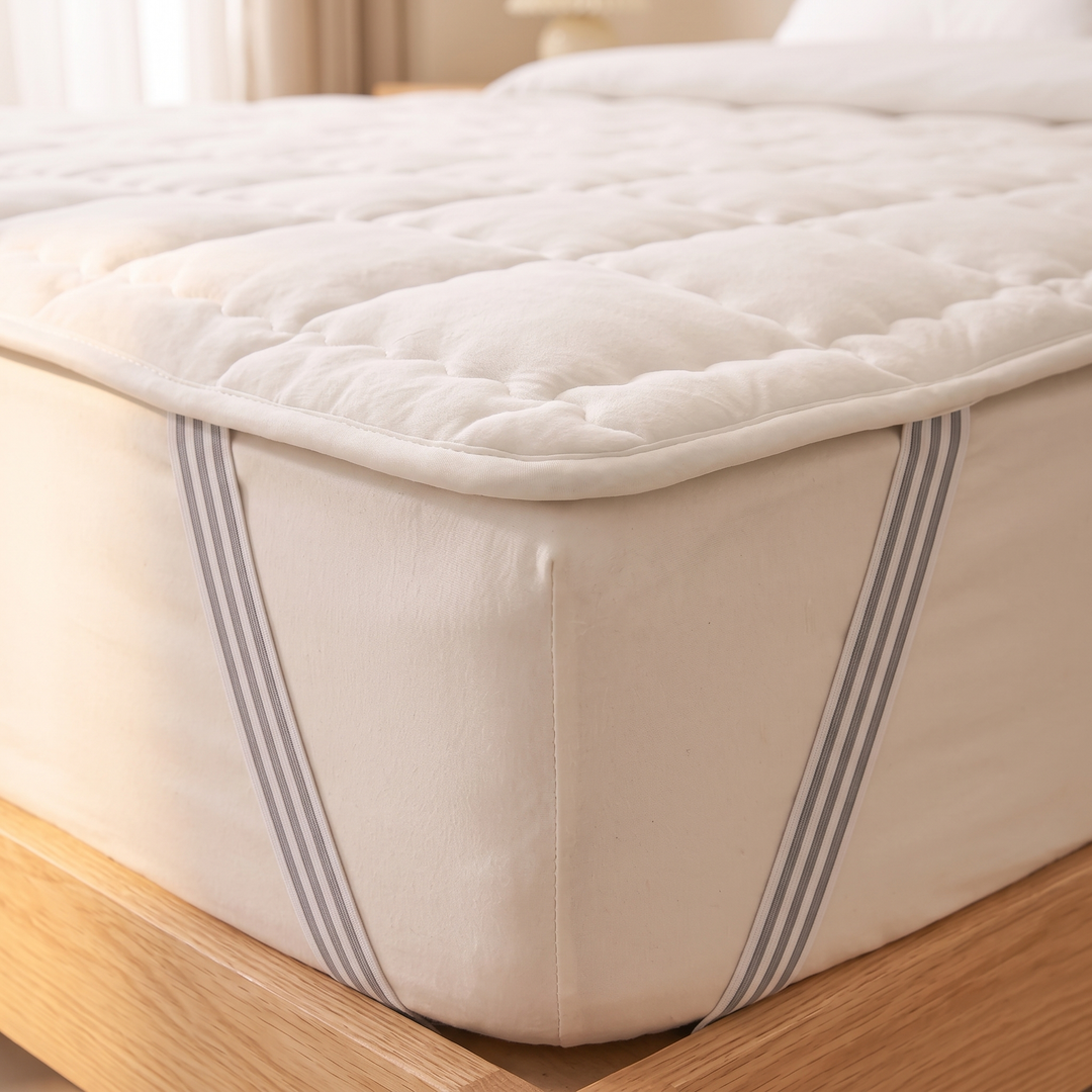 Quilted Mattress Pad in White – close-up of a corner with gray striped elastic straps on a wooden bed frame