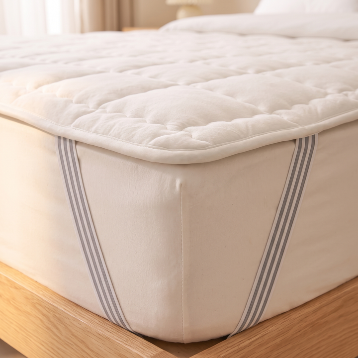 Quilted Mattress Pad in White – close-up of a corner with gray striped elastic straps on a wooden bed frame