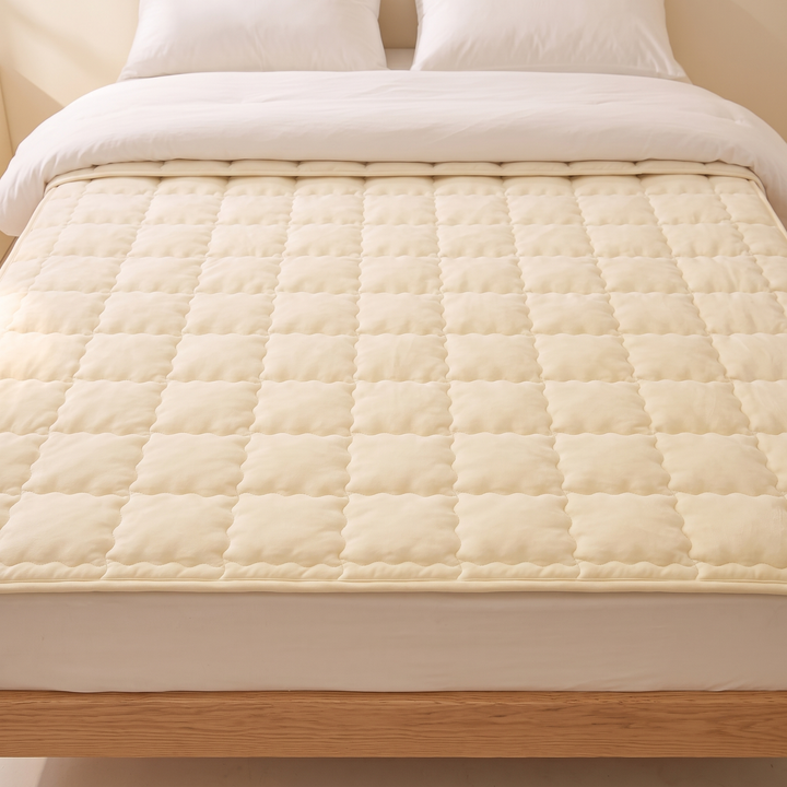 Quilted Mattress Pad in Cream – covering a bed with white pillows and duvet folded over the top