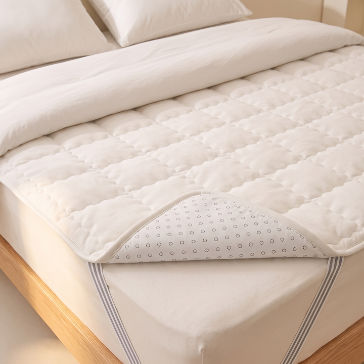 Quilted Mattress Pad in White – on a made bed with one corner folded back