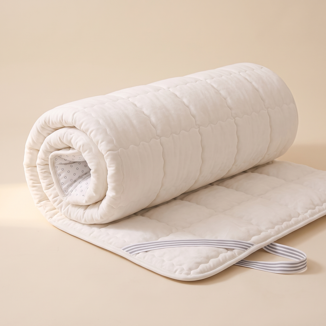 Quilted Mattress Pad in White – rolled up on a plain beige surface with strap visible