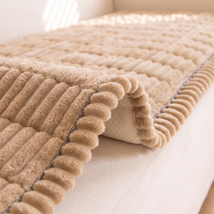 Quilted Plush Couch Cover – Ribbed in Beige – close-up of corner folded back showing non-slip backing