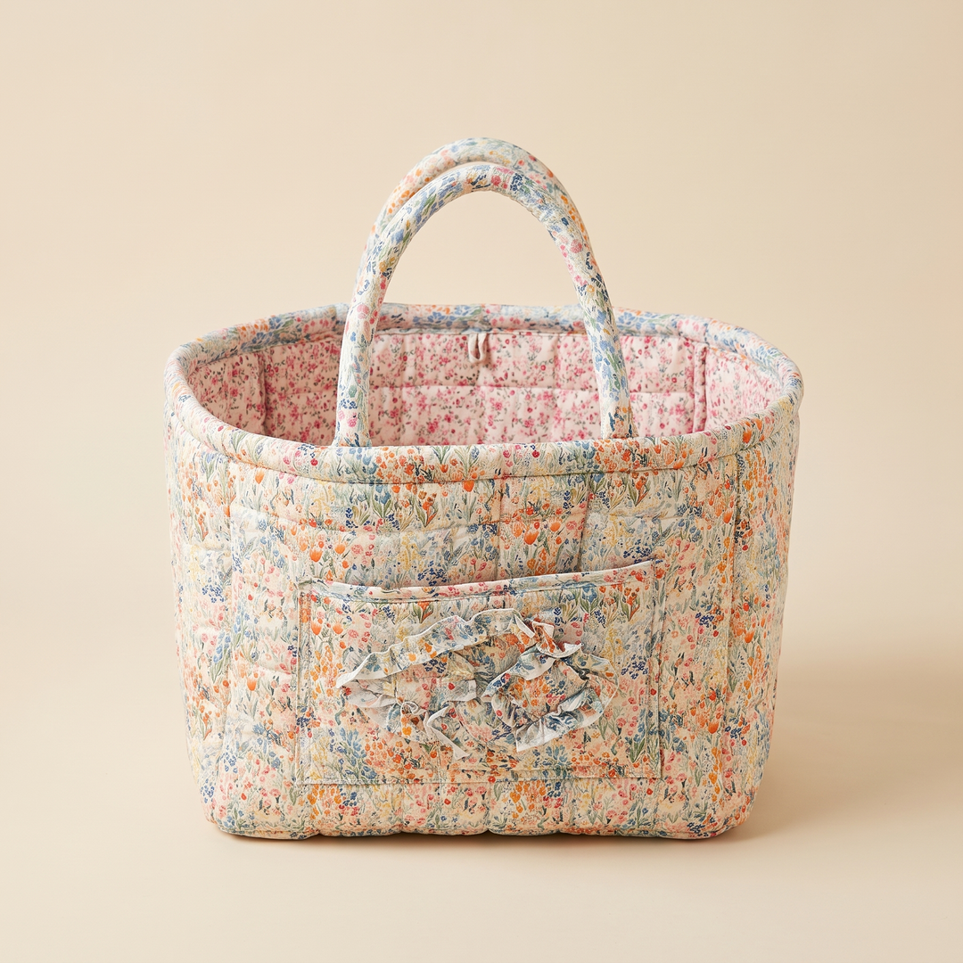 Quilted Fabric Storage Basket with Handles in Cream – Garden Floral – straight-on view with handles upright and lining visible inside