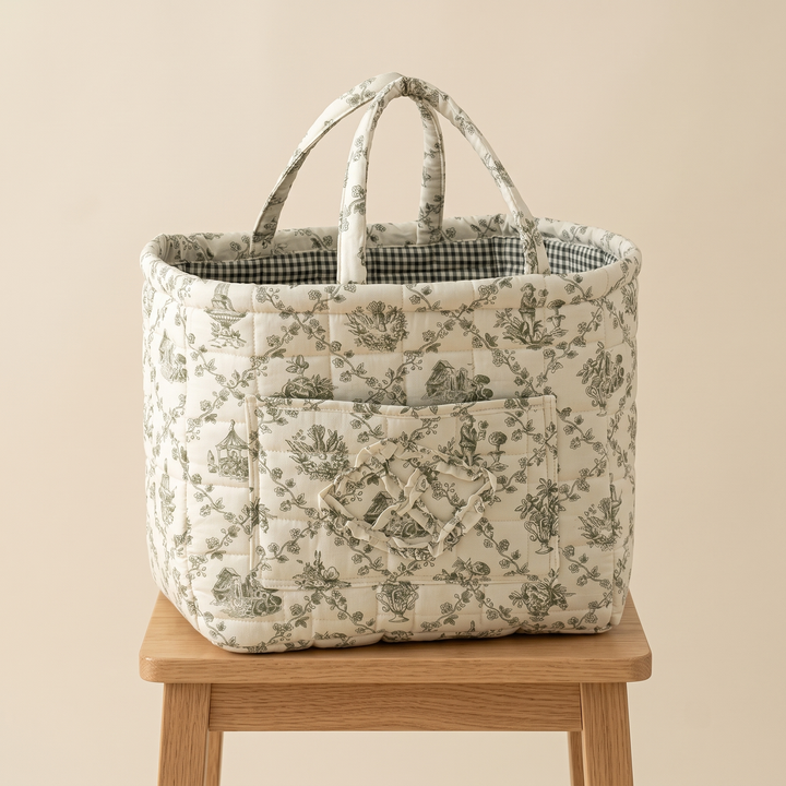 Quilted Fabric Storage Basket with Handles in Sage – Toile – set on a light oak stool, front pocket facing out