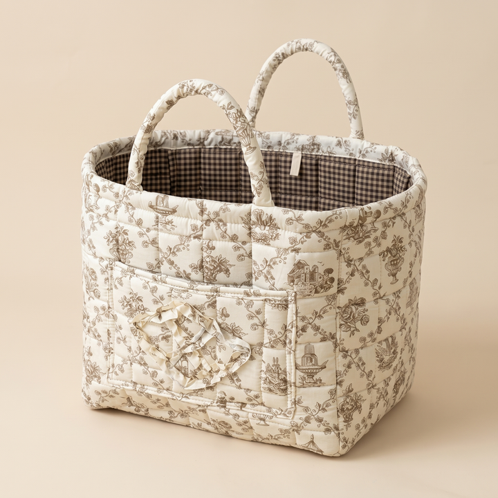 Quilted Fabric Storage Basket with Handles in Taupe – Toile – high angle looking into the empty open top