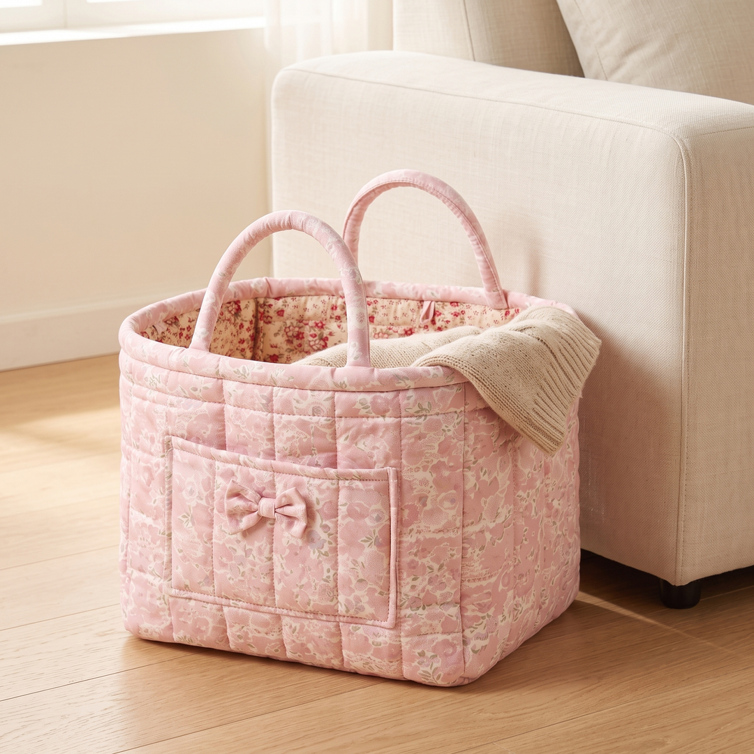 Quilted Fabric Storage Basket with Handles in Pink – Ditsy Floral – beside a cream sofa on a wood floor with a knit blanket inside
