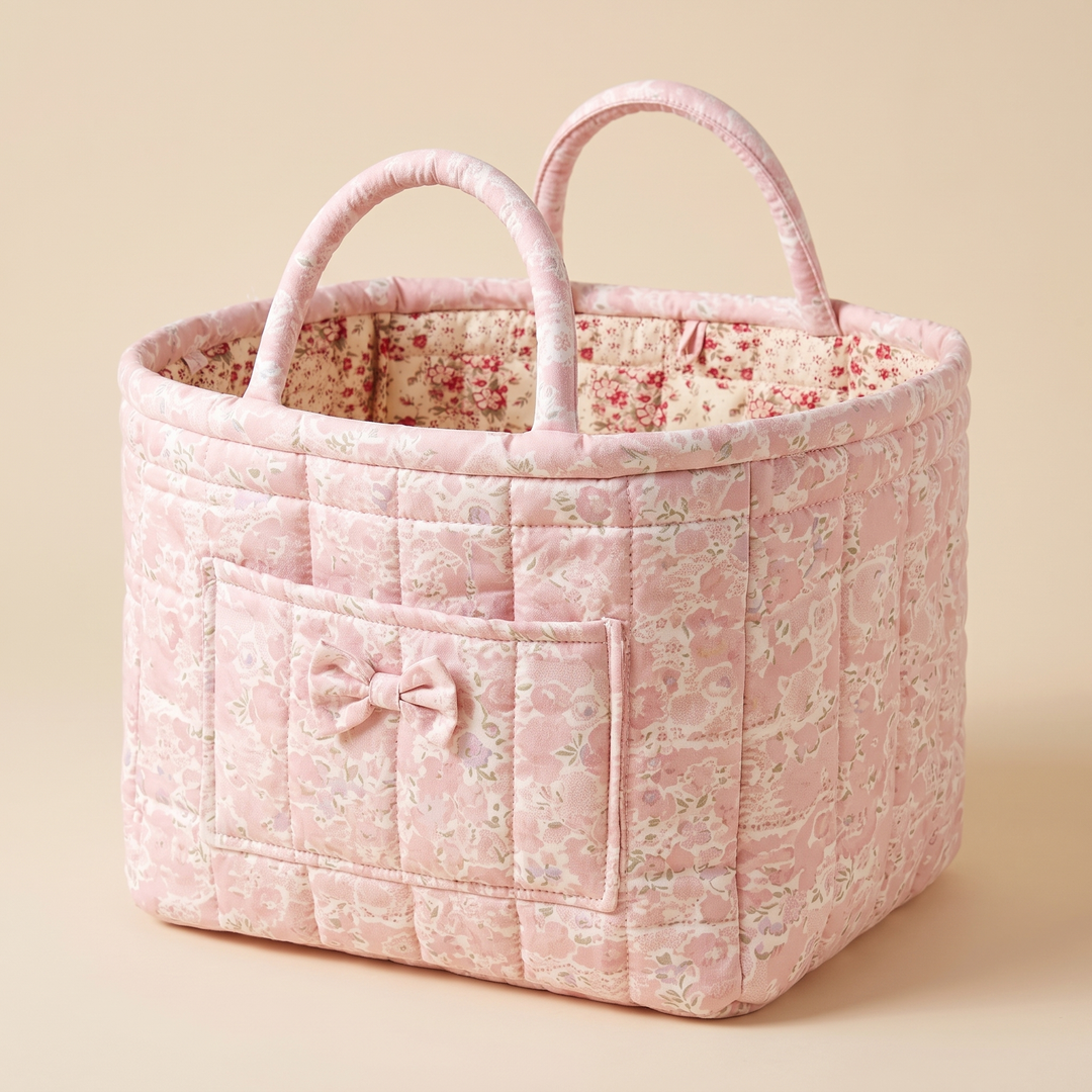 Quilted Fabric Storage Basket with Handles in Pink – Ditsy Floral – front three-quarter view on a plain beige background
