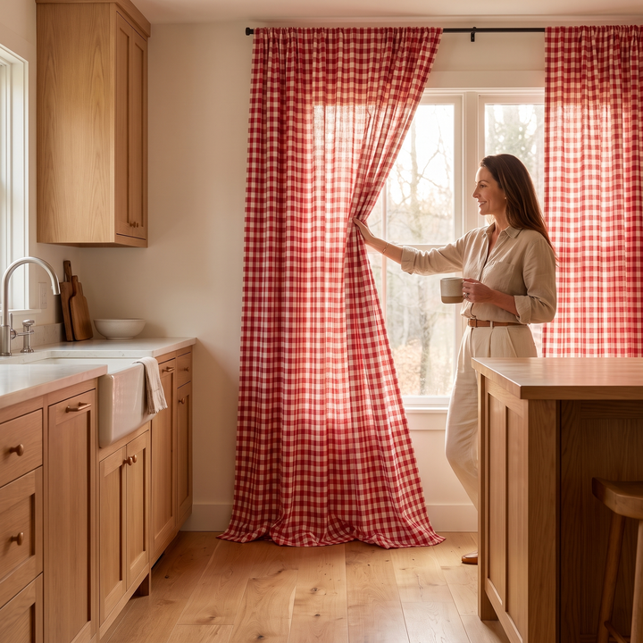 Red Gingham Curtain Panel – Rod Pocket Top in Red Gingham – in an oak kitchen, held open by a woman with a mug