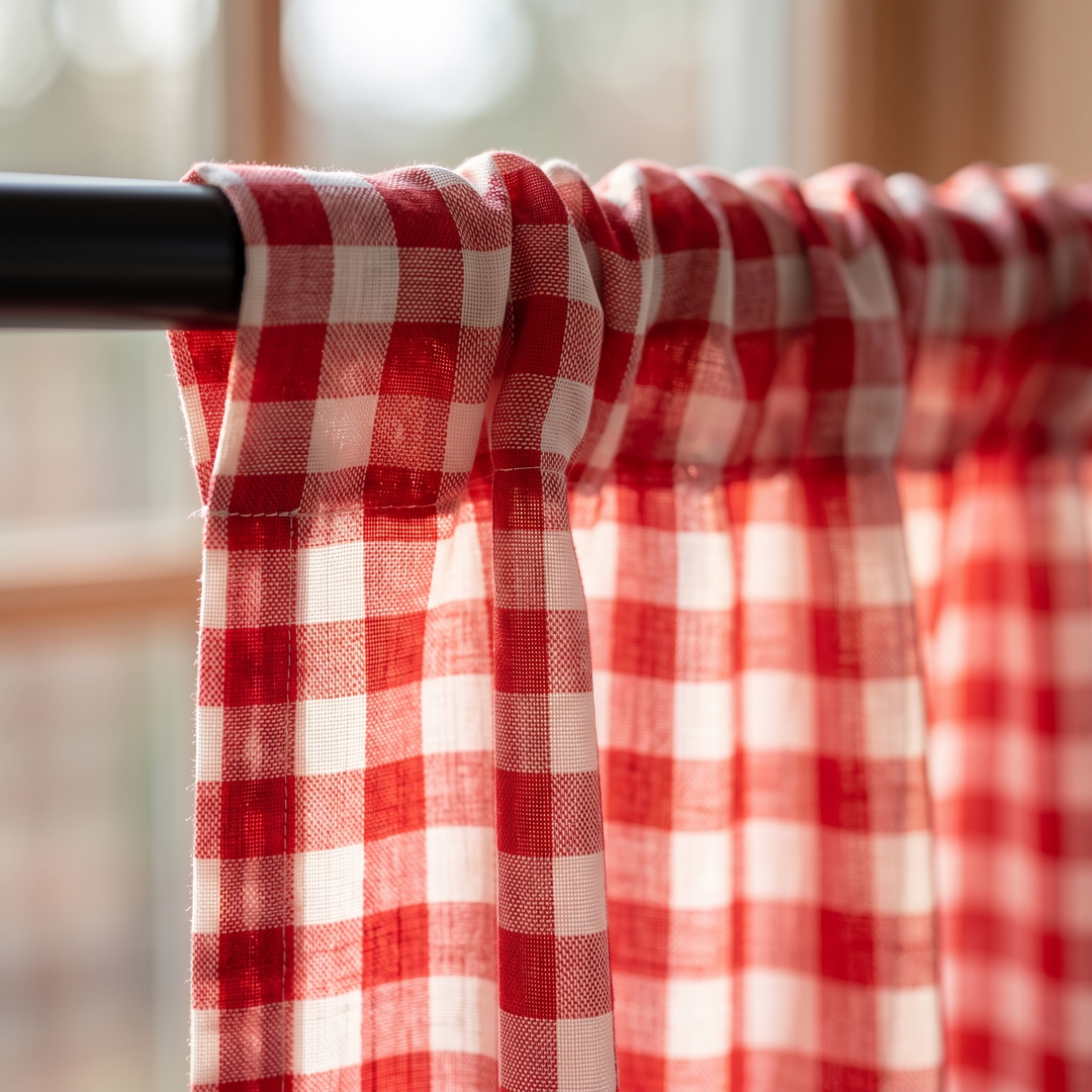 Red Gingham Curtain Panel – Rod Pocket Top in Red Gingham – close-up of the rod pocket top and gathered fabric