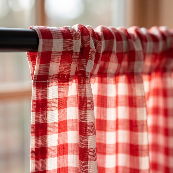 Red Gingham Curtain Panel – Rod Pocket Top in Red Gingham – close-up of the rod pocket top and gathered fabric