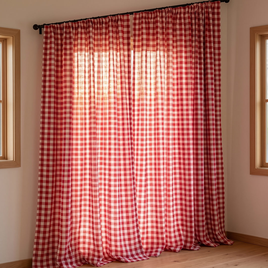 Red Gingham Curtain Panel – Rod Pocket Top in Red Gingham – hanging from a black rod in a sunlit room