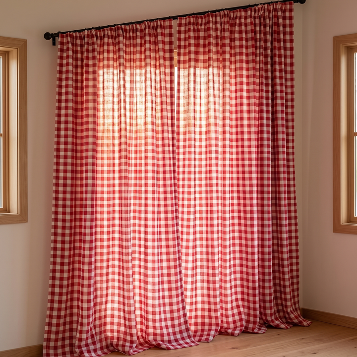 Red Gingham Curtain Panel – Rod Pocket Top in Red Gingham – hanging from a black rod in a sunlit room