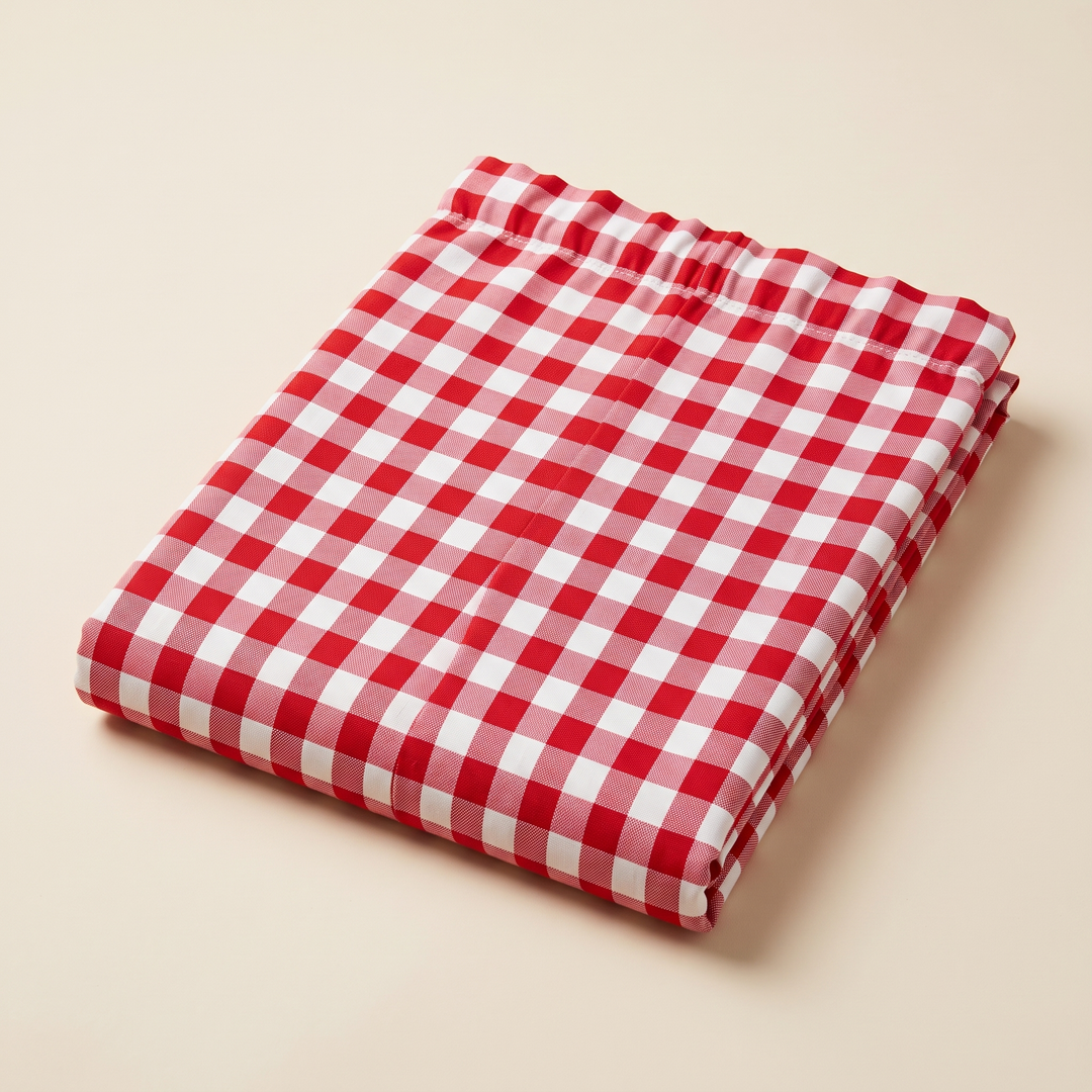 Red Gingham Curtain Panel – Rod Pocket Top in Red Gingham – folded neatly flat on a plain cream background