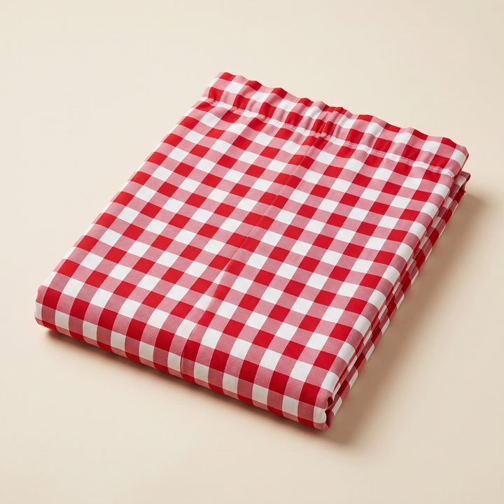 Red Gingham Curtain Panel – Rod Pocket Top in Red Gingham – folded neatly flat on a plain cream background