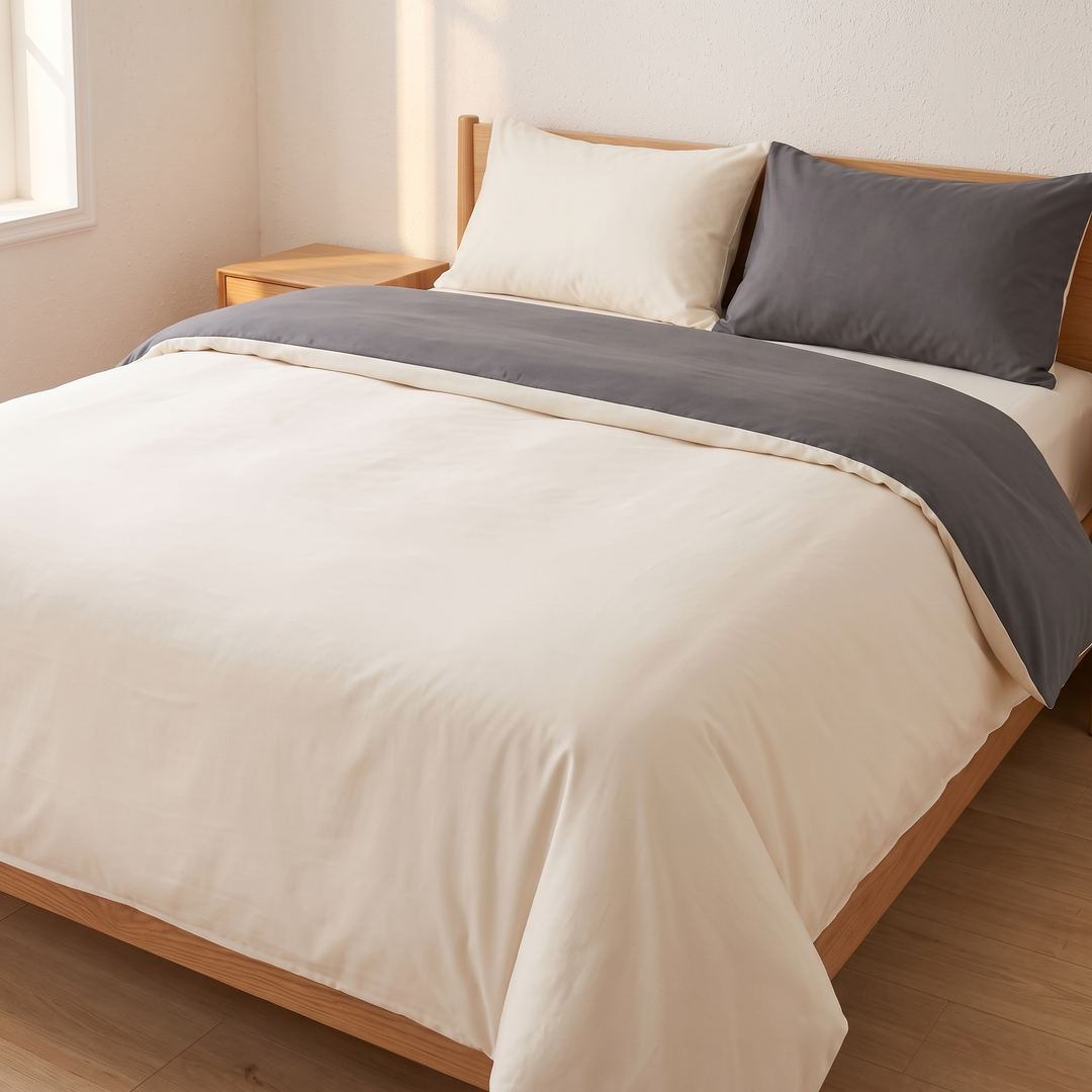 Reversible Duvet Cover Set – Two-Tone in Cream &amp; Dark Gray – angled view with top folded back showing reverse side