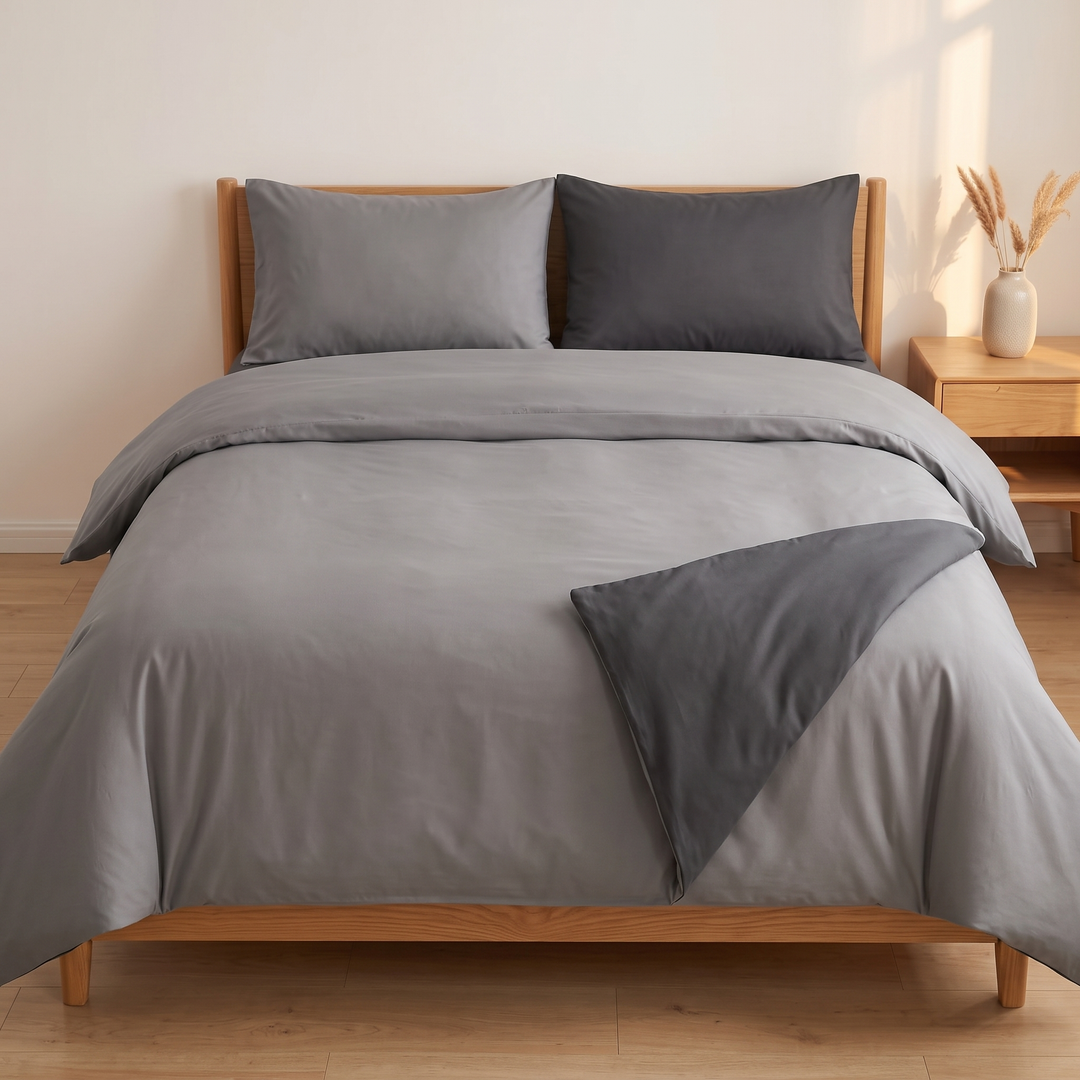 Reversible Duvet Cover Set – Two-Tone in Gray &amp; Dark Gray – front-facing view beside a nightstand with dried grass vase