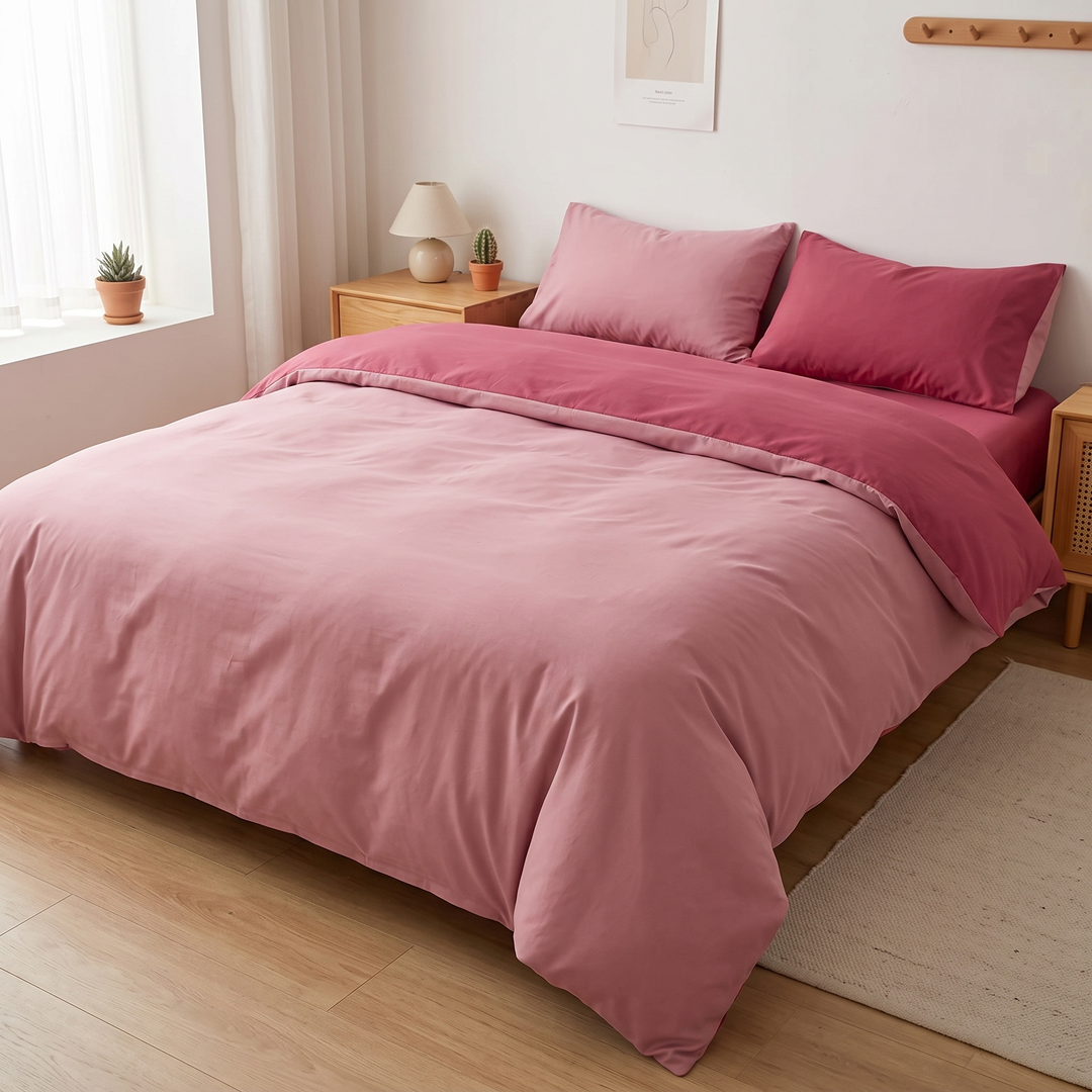 Reversible Duvet Cover Set – Two-Tone in Pink &amp; Rose – side view of bed by sheer-curtained window with succulents