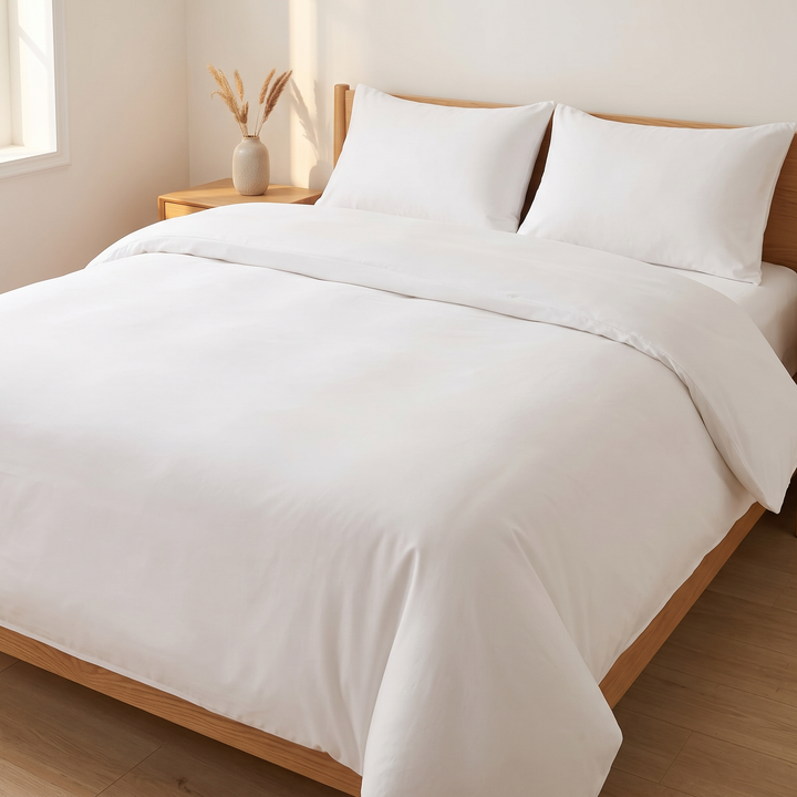 Reversible Duvet Cover Set – Two-Tone in White – on a made bed with wooden frame in a sunlit bedroom