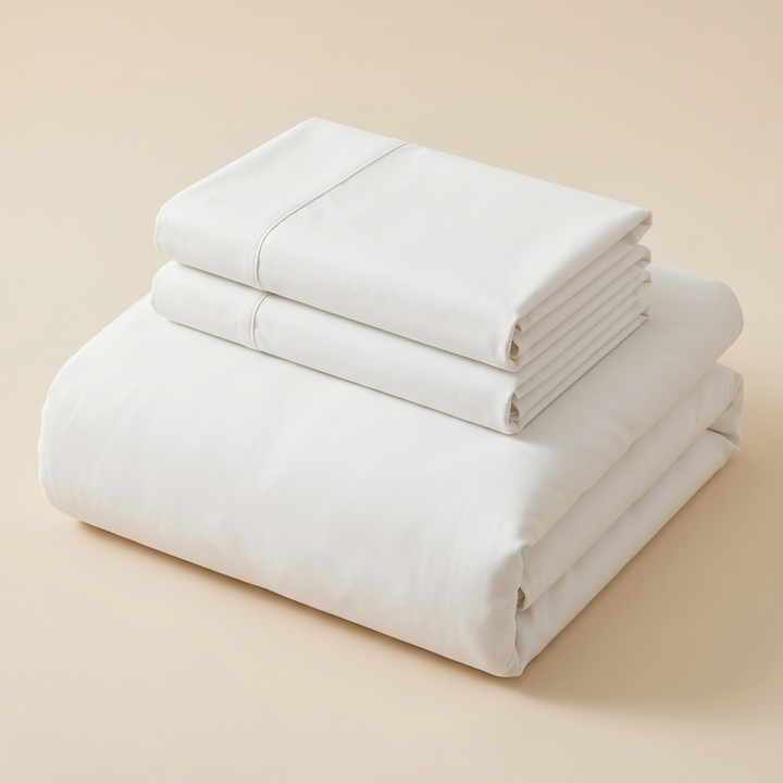Reversible Duvet Cover Set – Two-Tone in White – folded stack with two pillowcases on top, against a plain beige background