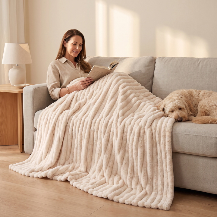 Faux Fur Throw Blanket – Ribbed Plush in Cream – spread over a reading woman and a sleeping dog on a sofa