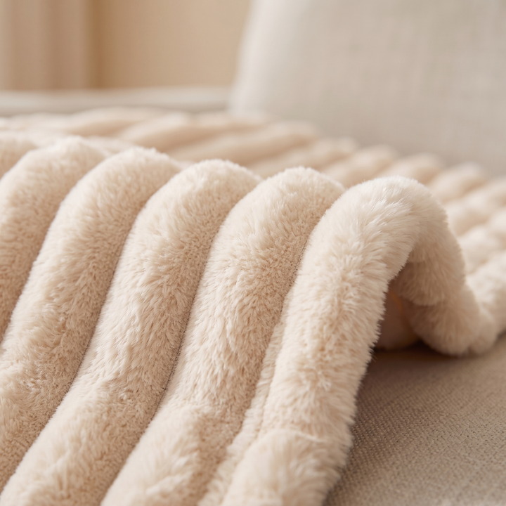 Faux Fur Throw Blanket – Ribbed Plush in Cream – close-up of the ribbed plush pile draped over a sofa cushion