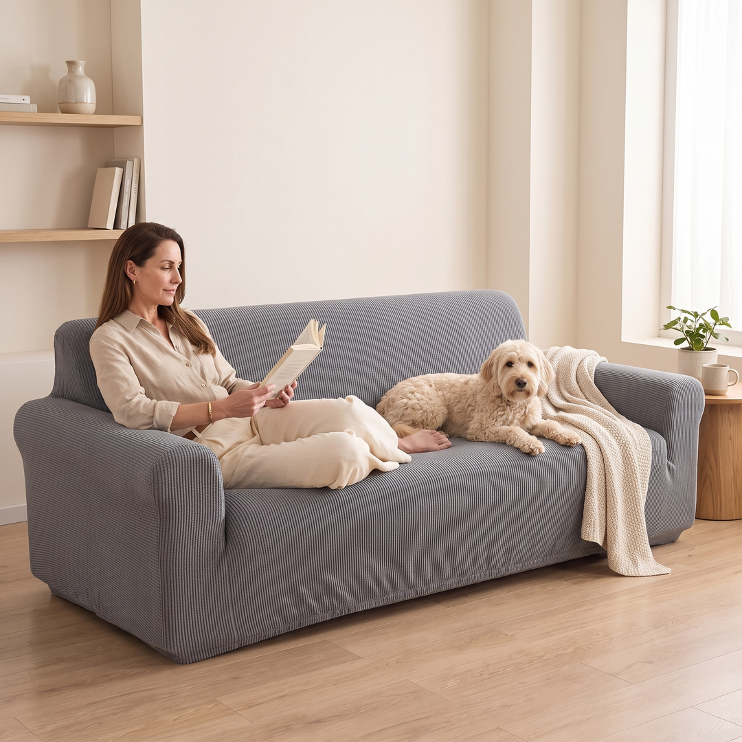 Ribbed Stretch Couch Cover in Gray – with a woman reading and a dog lounging beside her