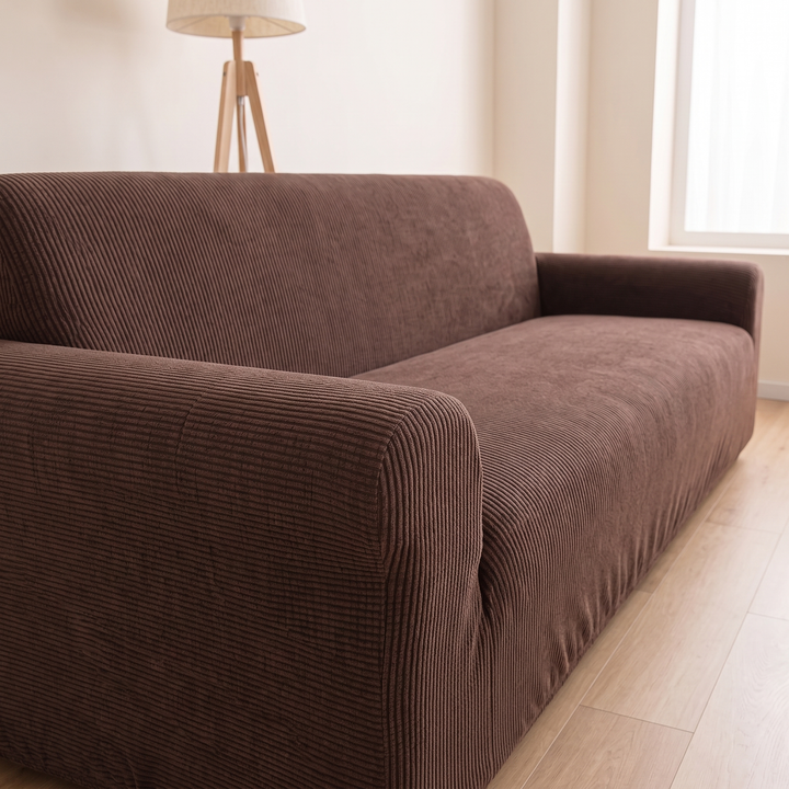Ribbed Stretch Couch Cover in Chocolate Brown – low angle along the seat beside a wooden tripod lamp