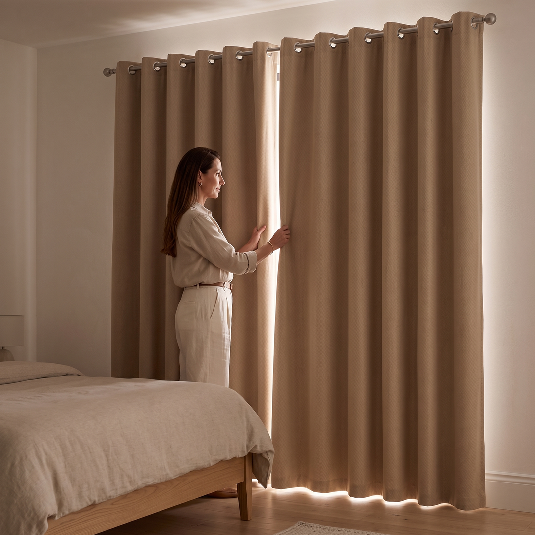Room Darkening Curtain Panel – Grommet Top in Beige – woman drawing closed curtains in a bedroom, light glowing around edges