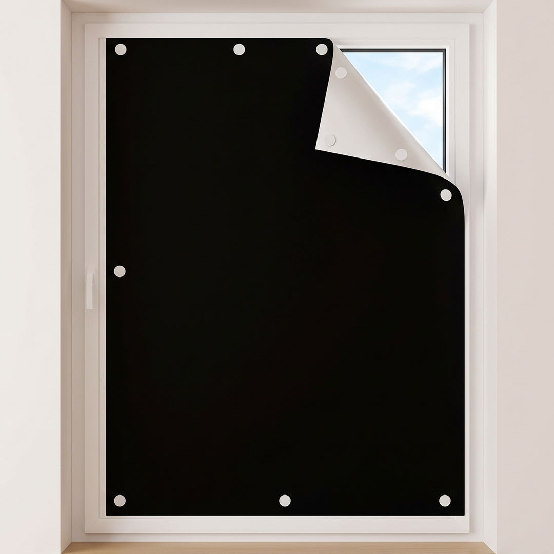 Room-Darkening Window Cover – Cut to Size in Black – mounted on a white window with one corner peeled back