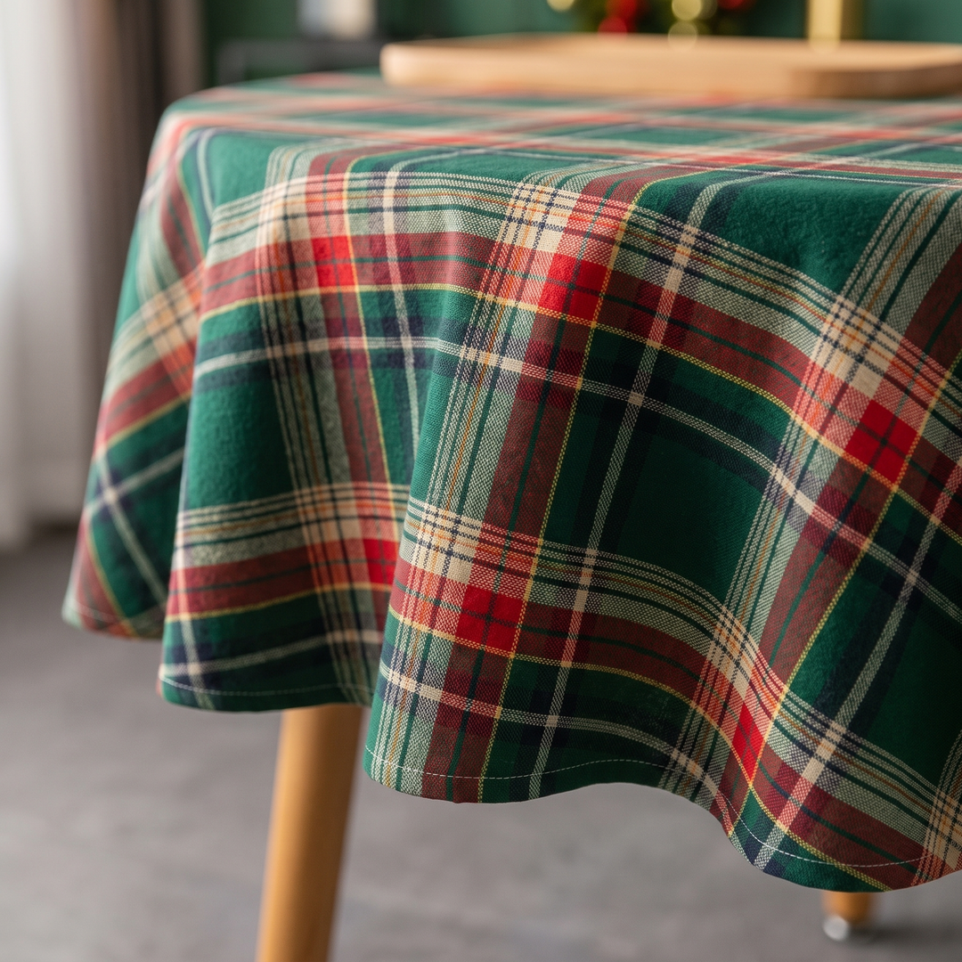 Round Christmas Tablecloth – Plaid in Green Tartan – close-up of the draped edge over a wooden-legged table