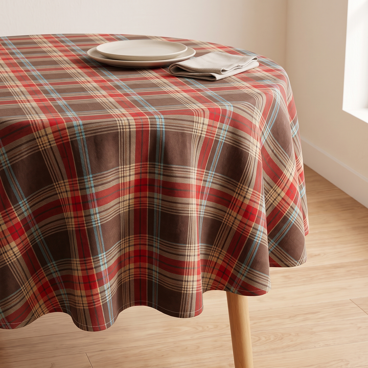 Round Christmas Tablecloth – Plaid in Brown &amp; Red Plaid – on a round table with plates and a folded napkin beside a window