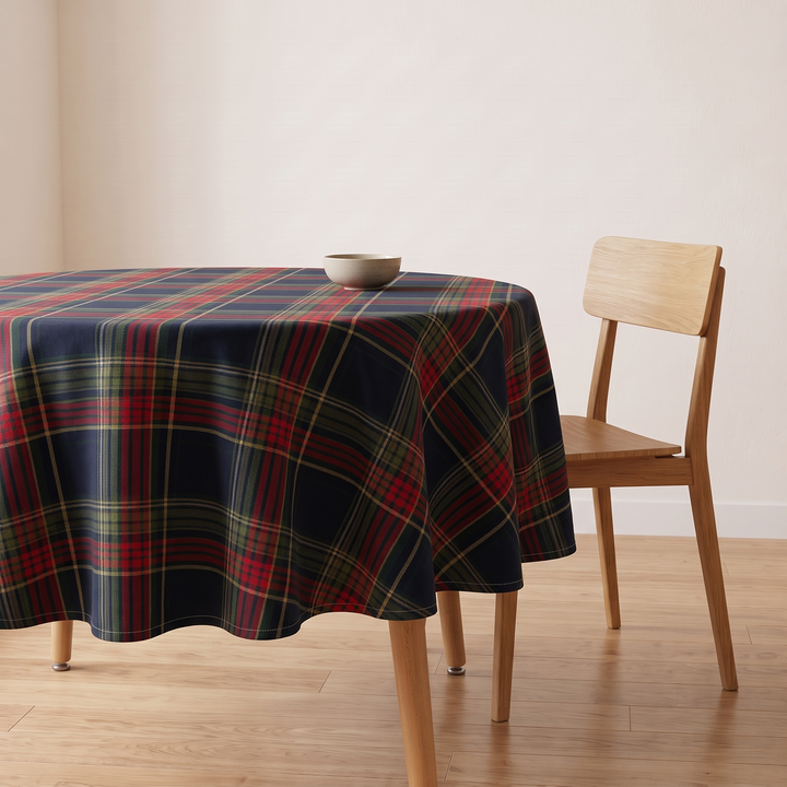 Round Christmas Tablecloth – Plaid in Navy Blue Tartan – on a round table with a wooden chair and a small bowl
