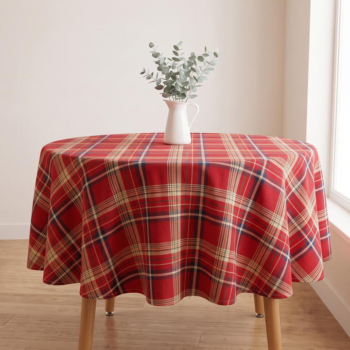 Round Christmas Tablecloth – Plaid in Red Plaid – on a small round table with a white pitcher of eucalyptus