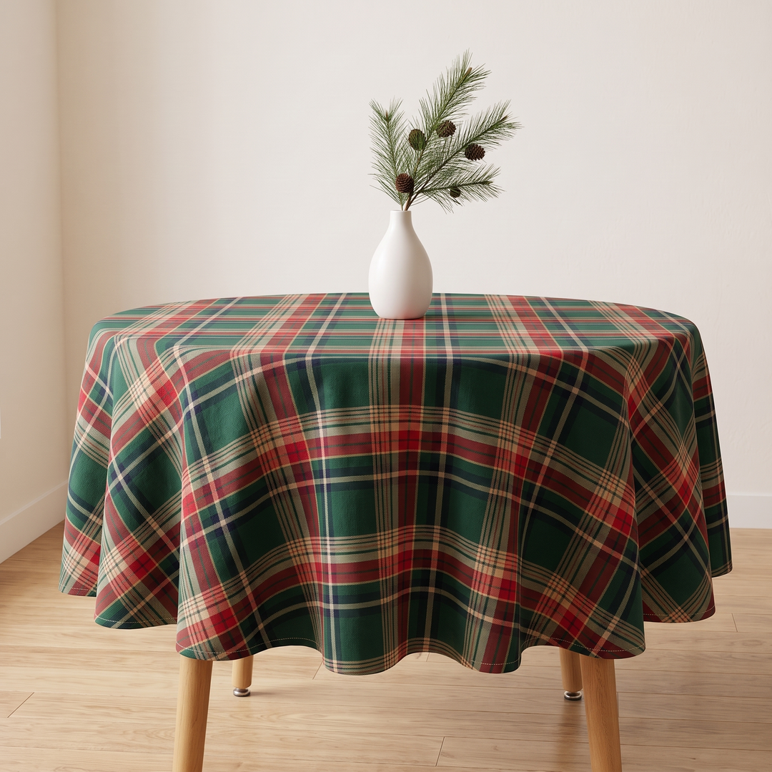 Round Christmas Tablecloth – Plaid in Green Tartan – on a round wooden table with a vase of pine