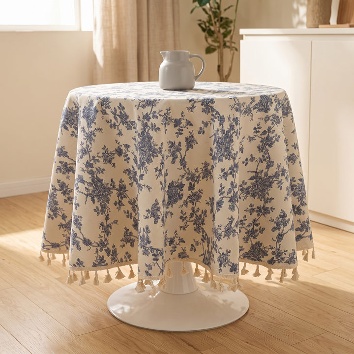 Round Floral Tablecloth in Blue Floral – Tassels – covering a white pedestal table on a wood floor