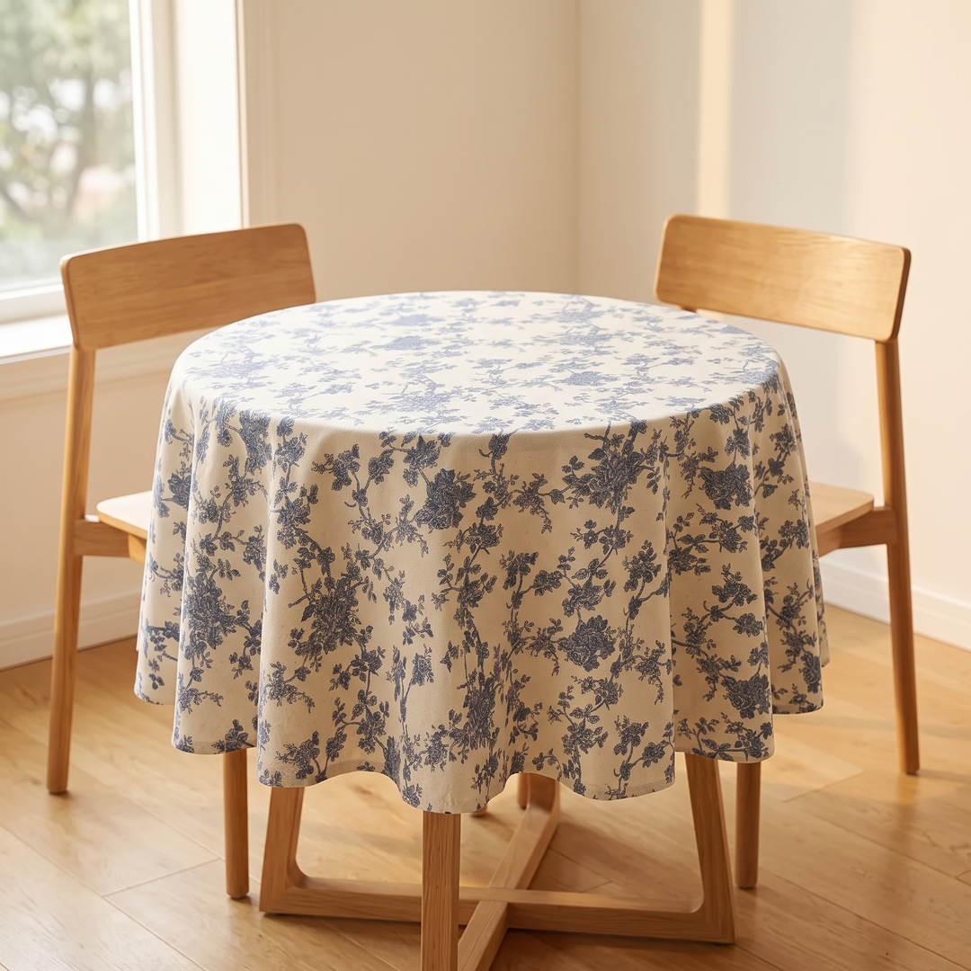 Round Floral Tablecloth in Blue Floral – on a round table with two chairs by a window