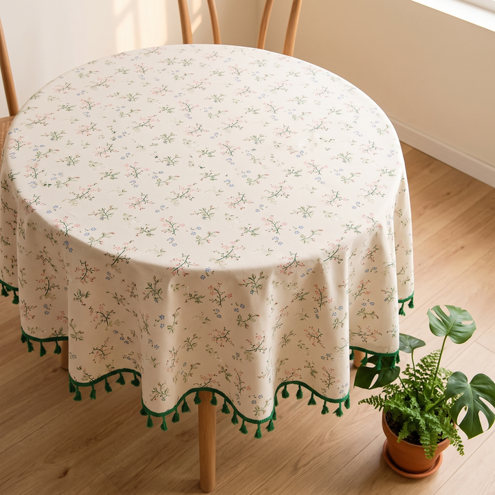 Round Floral Tablecloth in Green Sprig – Tassels – overhead angled view on round table beside potted monstera and fern