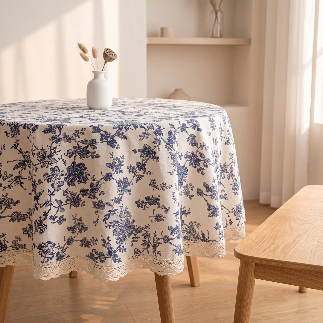 Round Floral Tablecloth in Navy Floral – Lace Edge – on round table beside wooden bench and sheer curtains