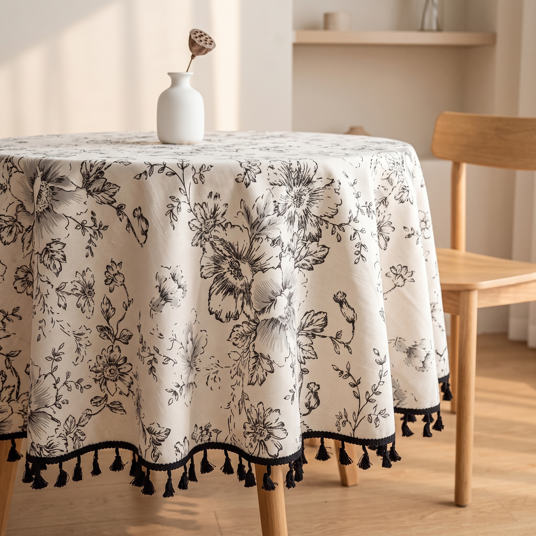 Round Floral Tablecloth in Black Floral – Tassels – on a round table with a white vase, beside a wooden chair