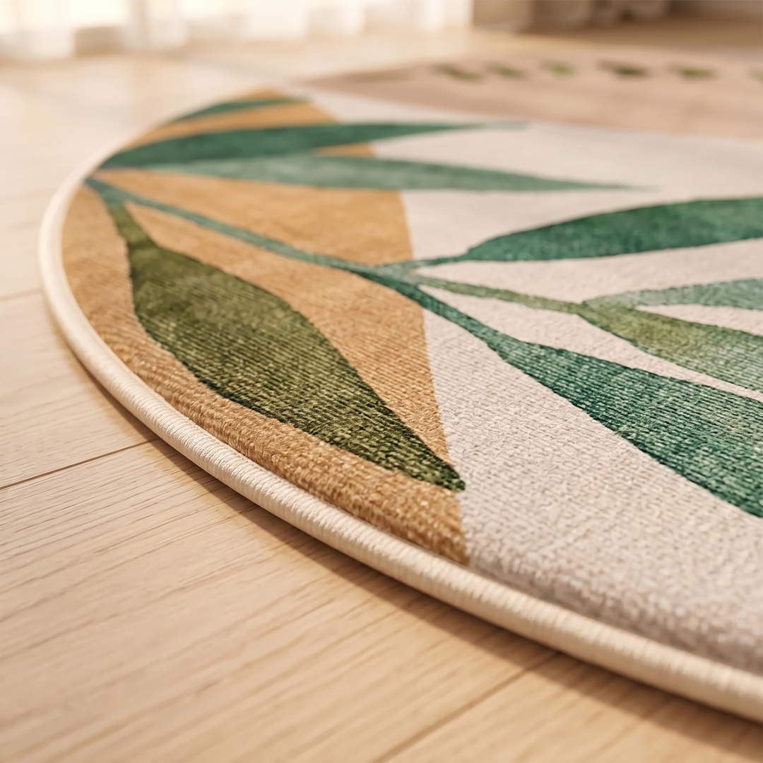 Round Rug – Leaf Print, Washable in Beige – Leaf – low-angle close-up of the rug&