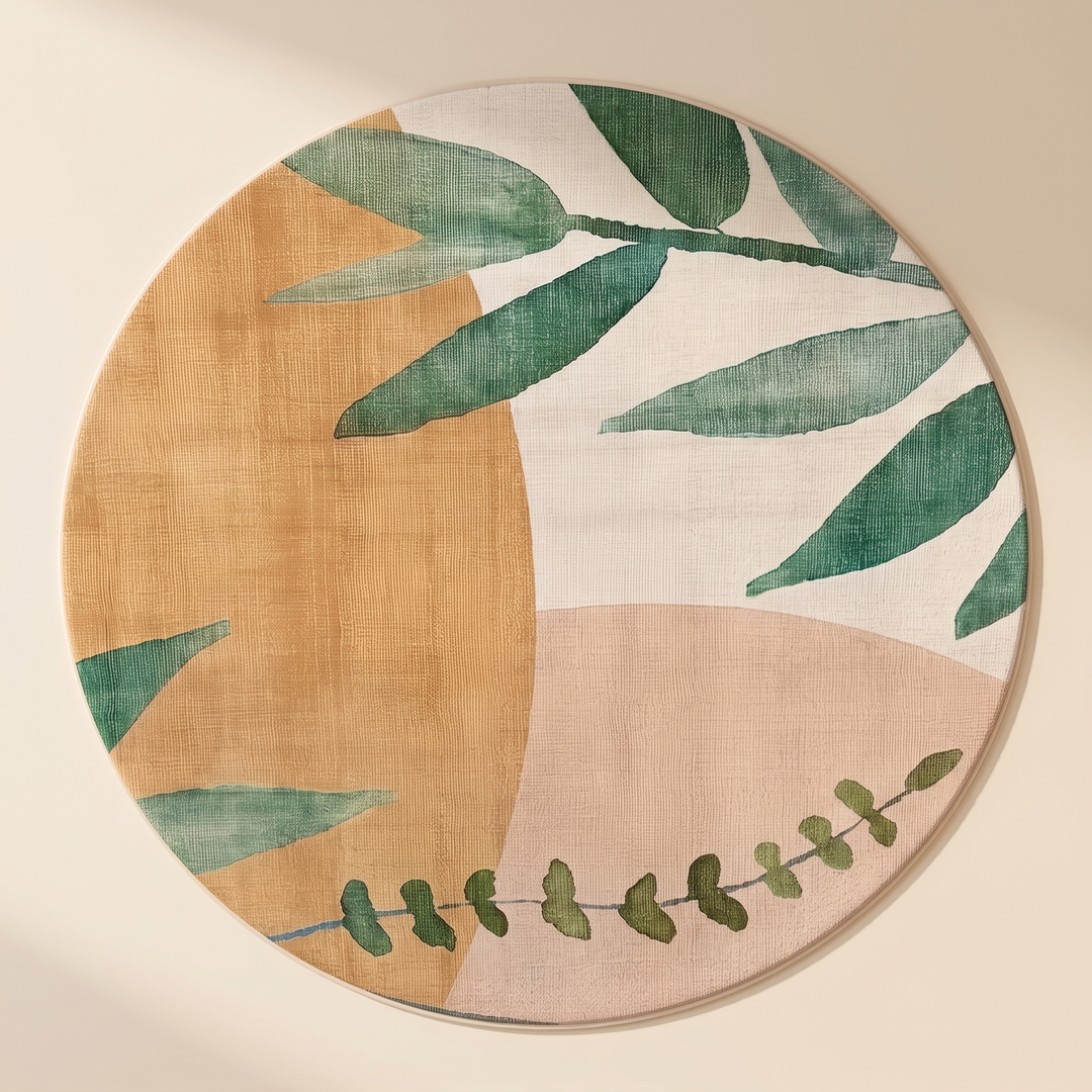 Round Rug – Leaf Print, Washable in Beige – Leaf – top-down view of the full round rug against a plain cream background