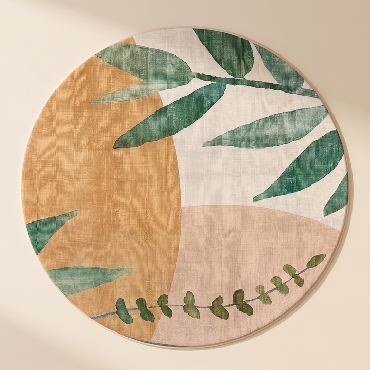 Round Rug – Leaf Print, Washable in Beige – Leaf – top-down view of the full round rug against a plain cream background