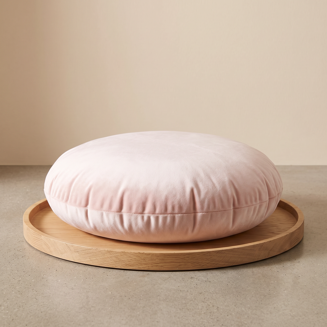 Round Velvet Pillow Cover in Light Pink – lying flat on a round oak tray on a concrete floor